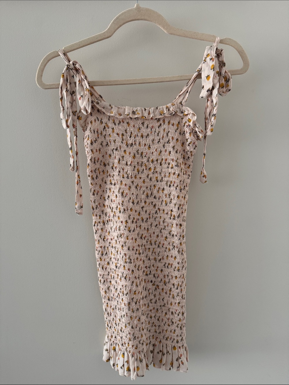 Free People Smocked Floral Tie-Strap Mini Dress in Blush